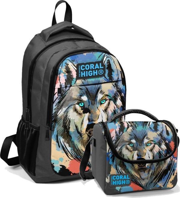 Coral High Erkek Çocuk Okul Sırt ve Beslenme Çantası Seti Siyah Kurt  - Image 1