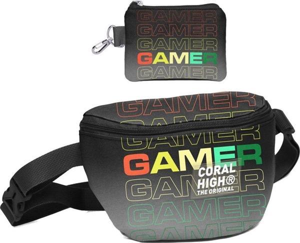 Coral High Erkek Çocuk Siyah Gri Gamer Desenli Bel Çantası ve Bozuk Para Cüzdanı Set - Image 1