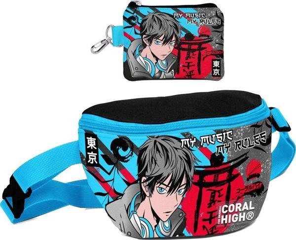 Coral High Erkek Çocuk Siyah Mavi Anime Desenli Bel Çantası ve Bozuk Para Cüzdanı Set - Image 1