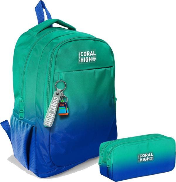 Coral High Erkek Çocuk Yeşil Saks Renk Geçişli İlkokul ve Ortaokul Sırt Çantası ve Kalemlik Seti - Image 1