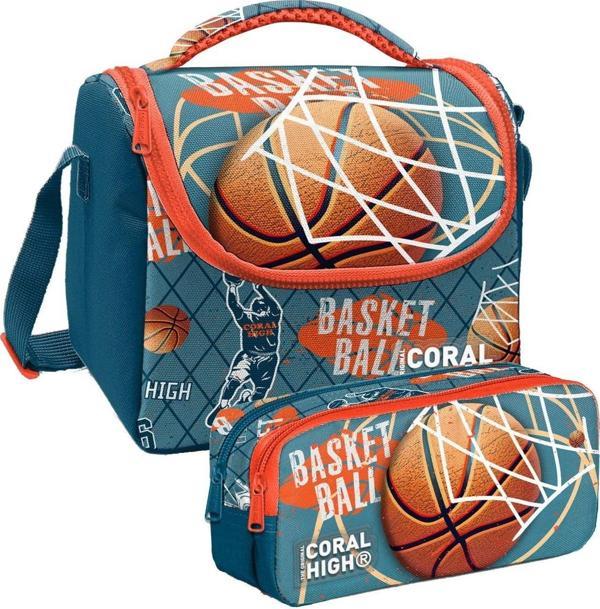 Coral High Nefti Turuncu Basketbol Desenli Erkek Çocuk Isı Yalıtımlı Beslenme Çantası ve Kalemlik Seti - Image 1