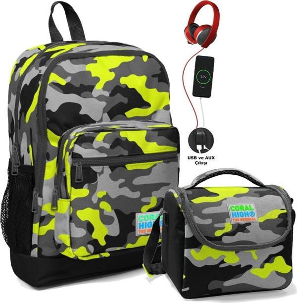 Coral High Okul Çantası ve Beslenme Çantası Seti - Erkek Çocuk Yeşil Kamuflaj - USB Soketli - Image 1