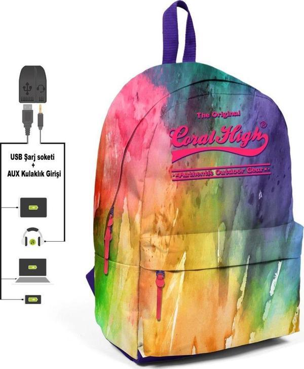 Coral High Gökkuşağı Desenli Sırt Çantası - Okul ve Günlük - USB+AUX Soketli - Image 1