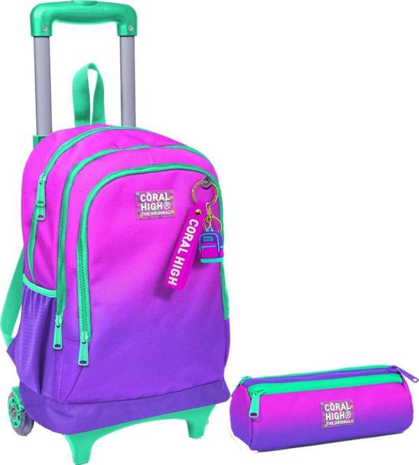 Coral High Pembe Mor Renk Geçişli Işıklı Tekerlekli Çekçek Çanta ve Kalemlik Seti - Kız Çocuk - Image 1