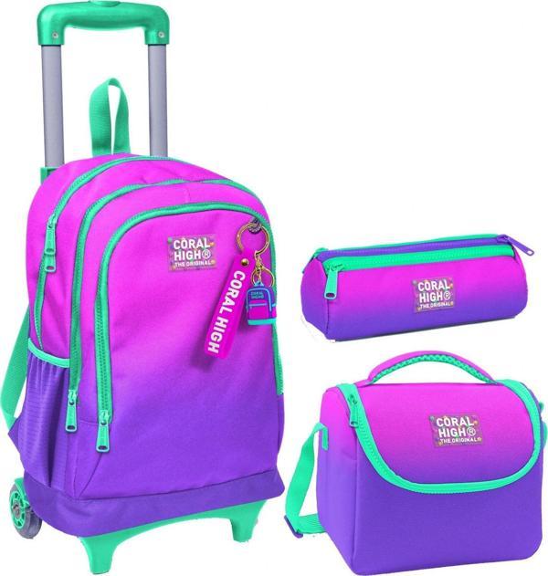 Coral High Pembe Mor Renk Geçişli Üçlü Çekçek Işıklı Tekerlekli Çanta Seti - Kız Çocuk - Image 1