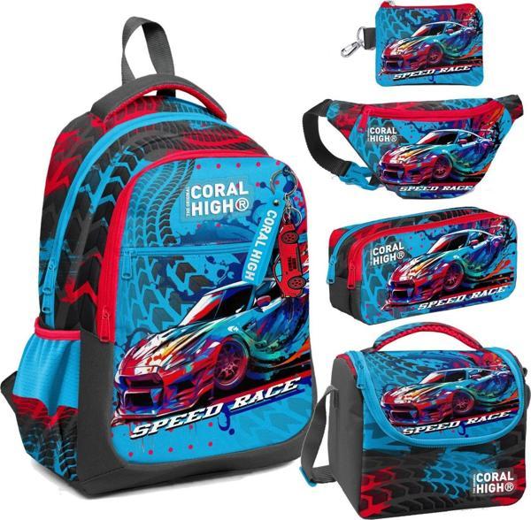 Coral High Gri Mavi Yarış Arabası Desenli Erkek Çocuk Beşli Okul Çanta Seti - İlkokul İçin Uygun - Image 1