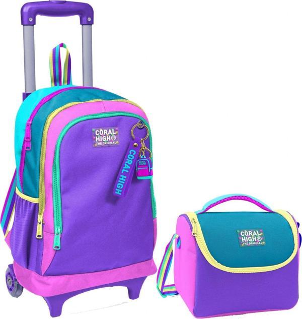 Coral High Pembe Pastel Renkli Işıklı Tekerlekli Okul Çantası ve Beslenme Seti - Kız Çocuk - Image 1
