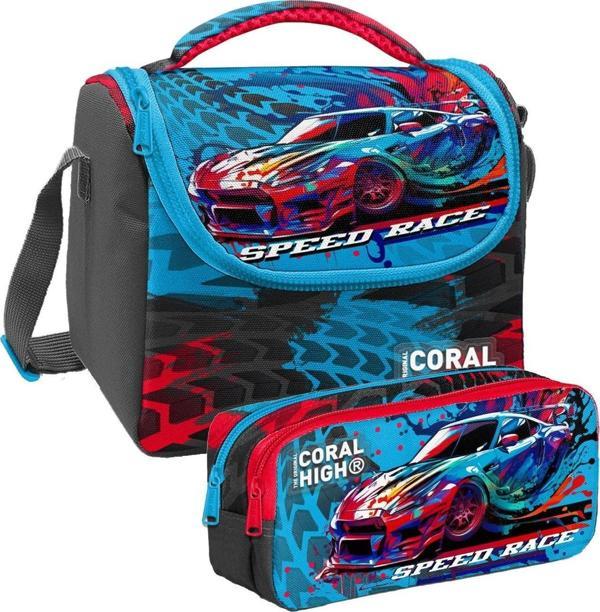Coral High Gri Mavi Yarış Arabası Desenli Erkek Çocuk Isı Yalıtımlı Beslenme Çantası ve Kalemlik Seti - Image 1