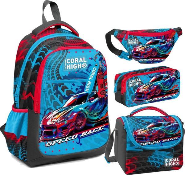Coral High Gri Mavi Yarış Arabası Desenli Erkek Çocuk Okul Beslenme Kalemlik ve Bel Çantası Seti - İlkokul İçin Uygun - Image 1