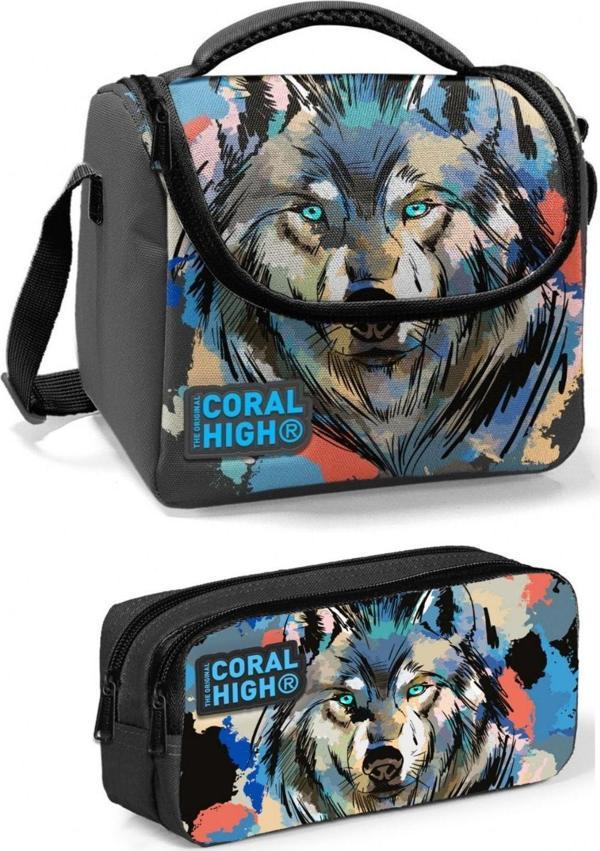 Coral High Gri Siyah Kurt Erkek Çocuk Beslenme Çantası Seti - Image 1