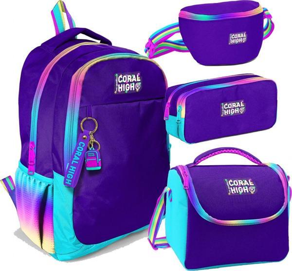 Coral High Rainbow Fermuarlı Mor Desenli Kız Çocuk Dörtlü Okul Çanta Seti - İlkokul ve Ortaokul İçin Uygun - Image 1