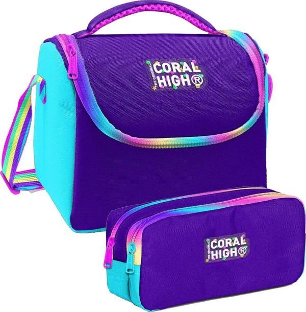 Coral High Rainbow Fermuarlı Mor Desenli Kız Çocuk Isı Yalıtımlı Beslenme Çantası ve Kalemlik Seti - Image 1