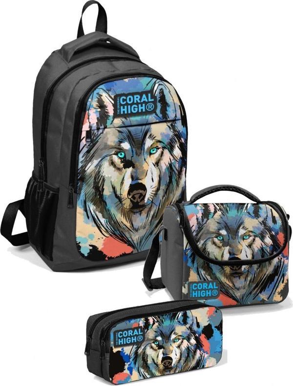 Coral High İlkokul Çanta Takımı Siyah Kurt  - Erkek Çocuk Okul Çantası Seti - Image 1