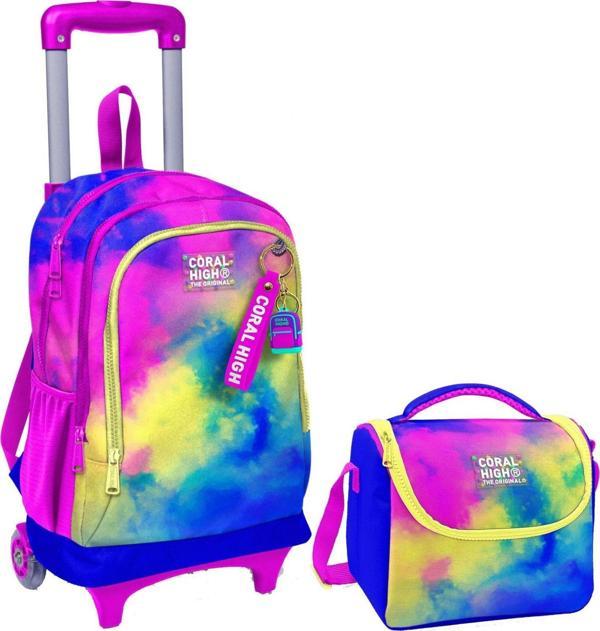 Coral High Renkli Batik Işıklı Tekerlekli Okul Çantası ve Beslenme Seti - Kız Çocuk - Image 1