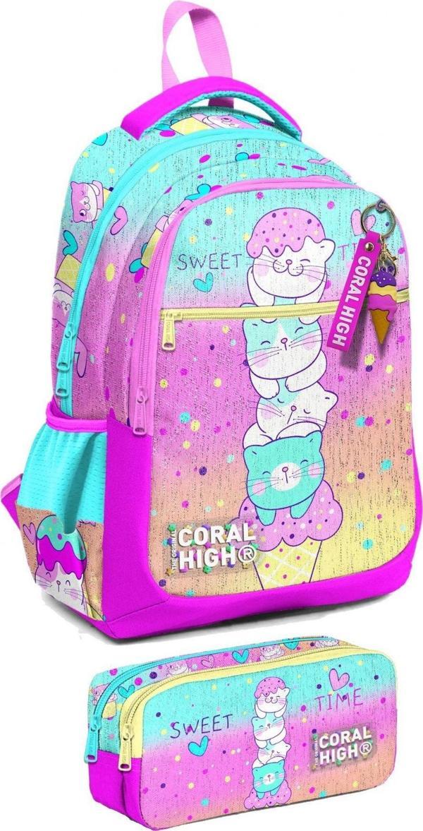 Coral High İlkokul Sırt Çantası ve Kalemlik Seti - Kız Çocuk - Renkli Dondurmalı Kedi - Image 1