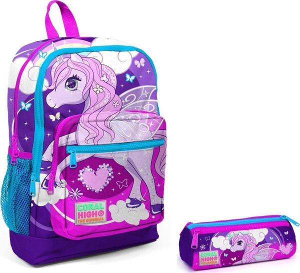 Coral High İlkokul Sırt Çantası ve Kalemlik Seti - Mor Unicorn Baskılı - Image 1