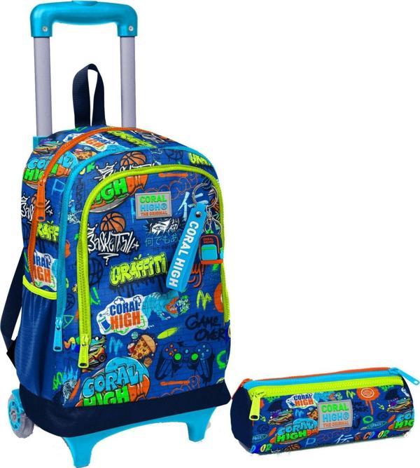 Coral High Saks Grafiti Işıklı Tekerlekli Çekçek Çanta ve Kalemlik Seti - Erkek Çocuk - Image 1