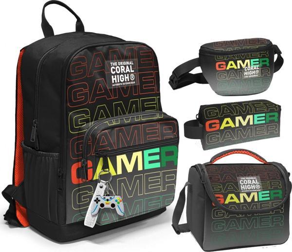 Coral High İlkokul/Ortaokul Çanta Seti ve Bel Çantası- Siyah Gri Gamer - Erkek Çocuk - Image 1