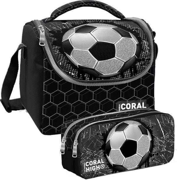 Coral High Siyah Futbol Desenli Erkek Çocuk Isı Yalıtımlı Beslenme Çantası ve Kalemlik Seti - Image 1