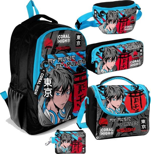 Coral High Siyah Mavi Anime Desenli Erkek Çocuk Beşli Okul Çanta Seti - İlkokul ve Ortaokul İçin Uygun - Image 1