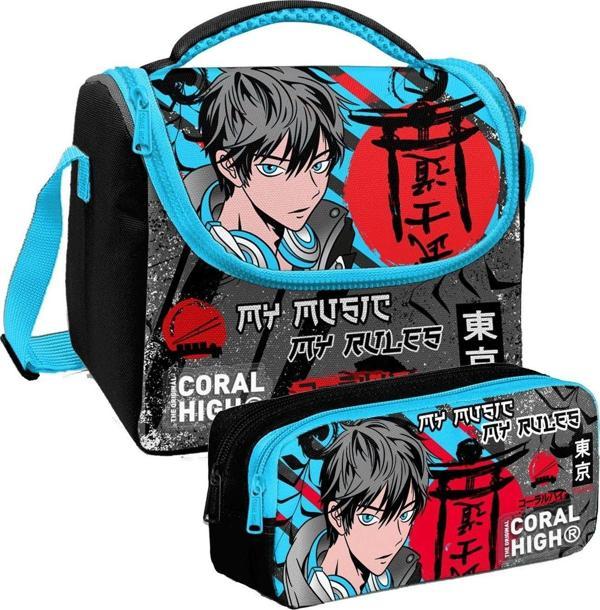 Coral High Siyah Mavi Anime Desenli Erkek Çocuk Isı Yalıtımlı Beslenme Çantası ve Kalemlik Seti - Image 1