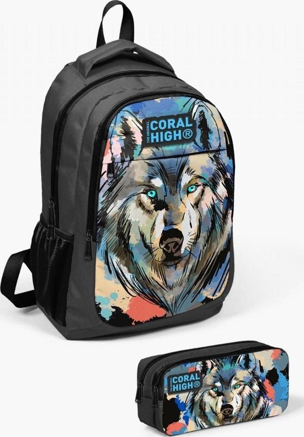 Coral High Kids Gri Siyah Kurt Desenli 2'li Okul Çanta Seti - Erkek Çocuk - Image 1