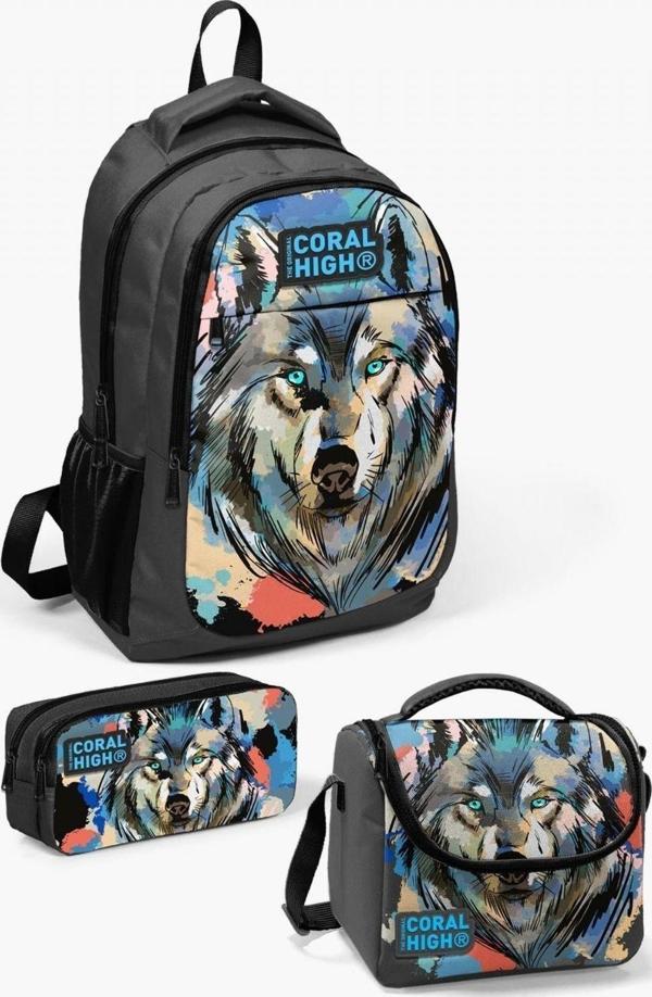 Coral High Kids Gri Siyah Kurt Desenli 3’lü Okul Çanta Seti - Erkek Çocuk - Image 1