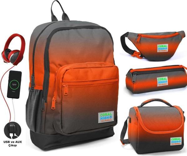 Coral High Siyah Turuncu Gradyan USB Soketli Okul Çanta Seti ve Bel Çantası - Erkek Çocuk - Image 1