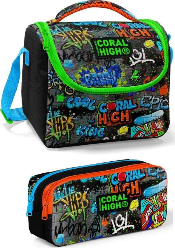 Coral High Siyah Yeşil Grafiti Erkek Çocuk Beslenme Çantası Seti - Image 1