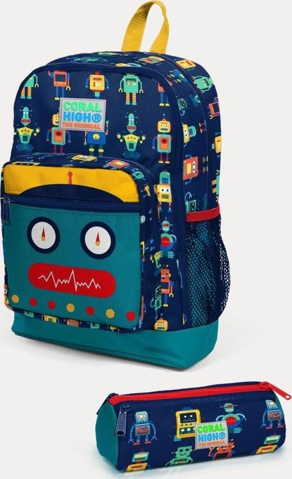 Coral High Kids Lacivert Çivit Robot Desenli 2'li Okul Çanta Seti - Erkek Çocuk - Image 1