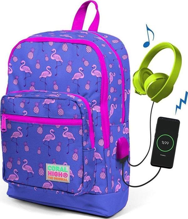 Coral High Kids Lavanta Flamingo Desenli Usb Şarjlı Kulaklık Çıkışlı Okul Sırt Çantası 23276 - Image 1