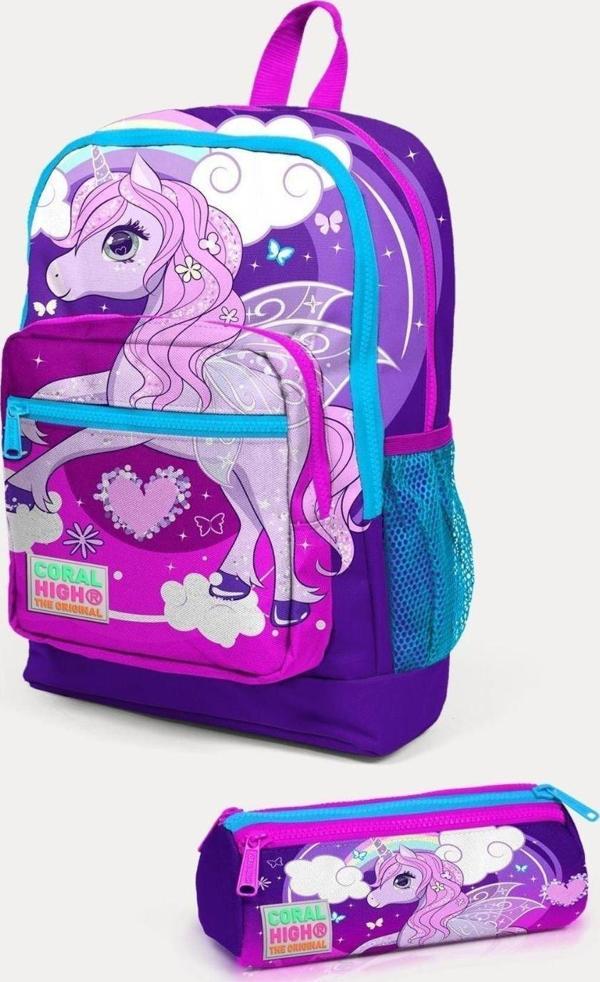 Coral High Kids Mor Pembe Unicorn Desenli 2'li Okul Çanta Seti - Kız Çocuk - Image 1