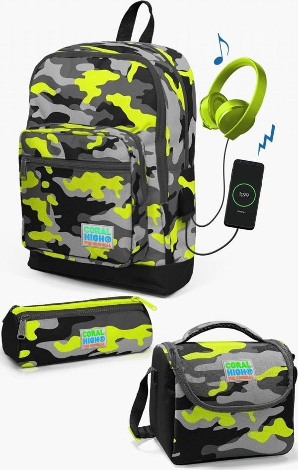 Coral High Kids Siyah Gri Kamuflaj Desenli USB'li 3’lü Okul Çanta Seti - Erkek Çocuk - Image 1