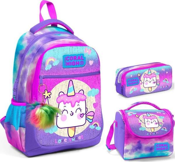 Coral High Kız Çocuk Mor Pembe Dondurma Üçlü İlkokul Okul Çanta Seti - Image 1