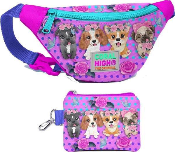 Coral High Kız Çocuk Pembe Köpek Desenli Bel Çantası ve Bozuk Para Cüzdanı Set - Image 1