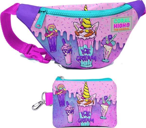 Coral High Kız Çocuk Pembe Mor Dondurma Desenli Bel Çantası ve Bozuk Para Cüzdanı Set - Image 1