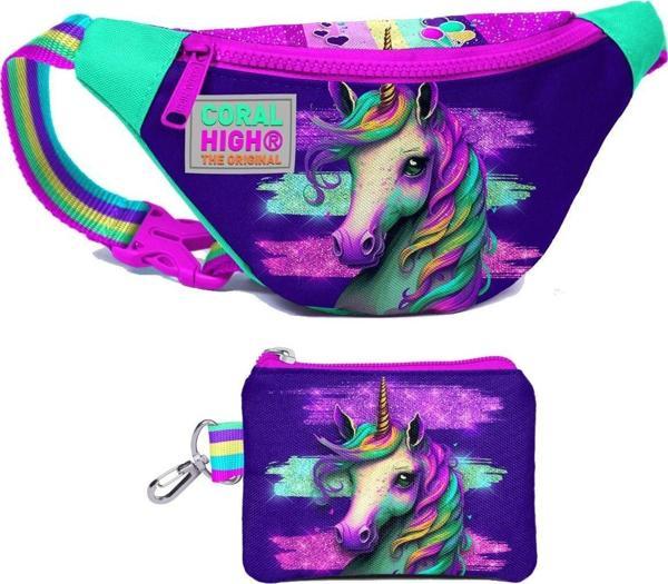 Coral High Kız Çocuk Pembe Su Yeşili Unicorn Desenli Bel Çantası ve Bozuk Para Cüzdanı Set - Image 1