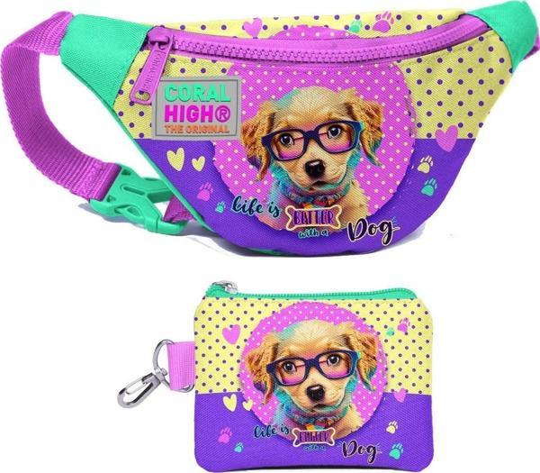 Coral High Kız Çocuk Sarı Pembe Sevimli Köpek Desenli Bel Çantası ve Bozuk Para Cüzdanı Set - Image 1