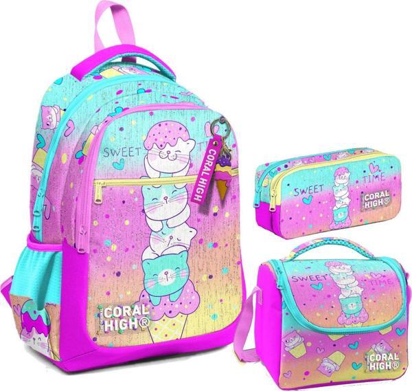 Coral High Kız Çocuk Üç Gözlü İlkokul Çanta Seti - Renkli Dondurmalı Kedi Desenli - Image 1