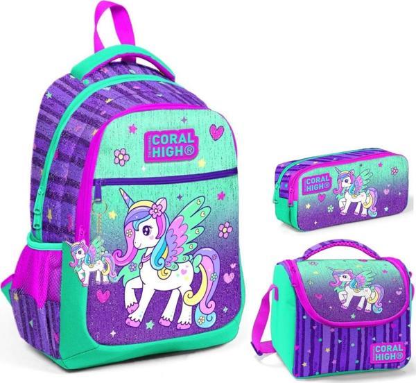 Coral High Kız Çocuk Yeşil Mor Pegasus Üçlü İlkokul Okul Çanta Seti - Image 1