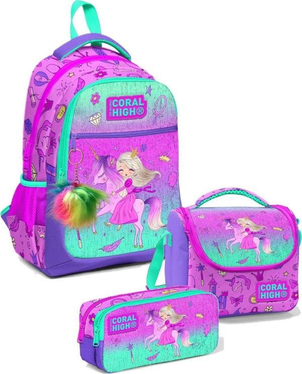 Coral High Kız Üç Bölmeli Okul Sırt Çantası Beslenme Çantası ve Kalemlik Seti Pembe Yeşil Prenses - Image 1