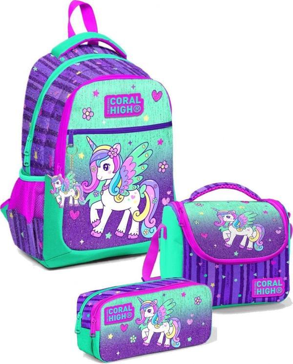 Coral High Kız Üç Bölmeli Okul Sırt Çantası Beslenme Çantası ve Kalemlik Seti Yeşil Mor Pegasus - Image 1