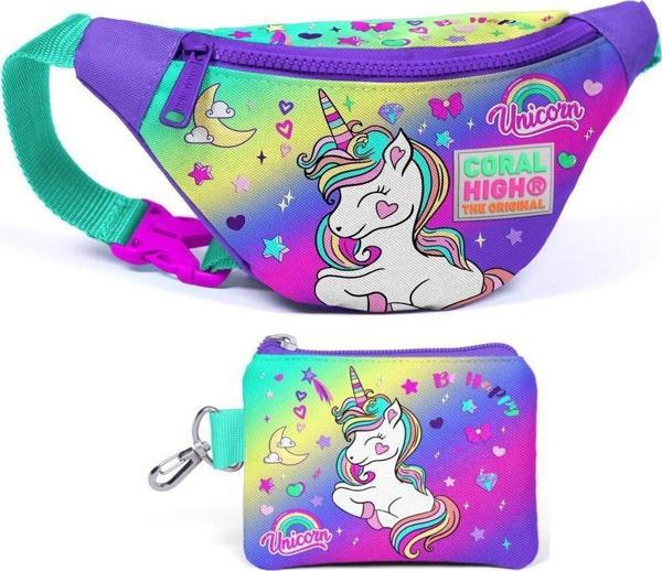 Coral High Su Yeşili Lavanta Unicorn Bel Çantası ve Bozuk Para Çantası Seti - Kız Çocuk - Image 1