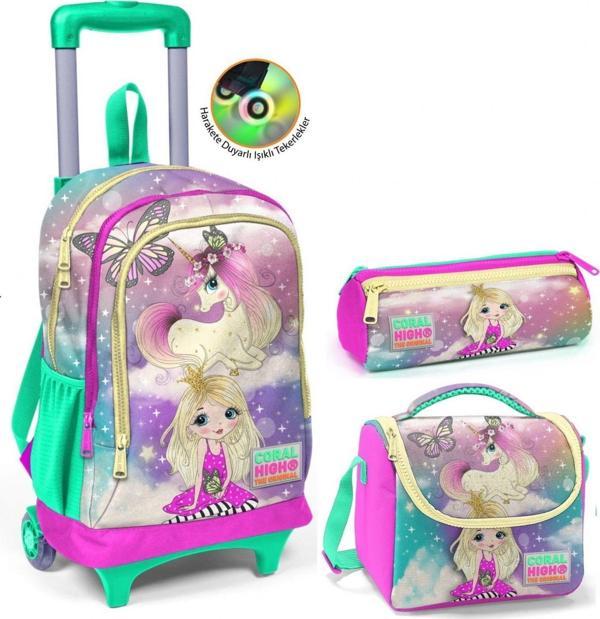 Coral High Su Yeşili Unicorn Çekçek Okul Çantası Seti - Işıklı Tekerlekler - Kız Çocuk - Image 1
