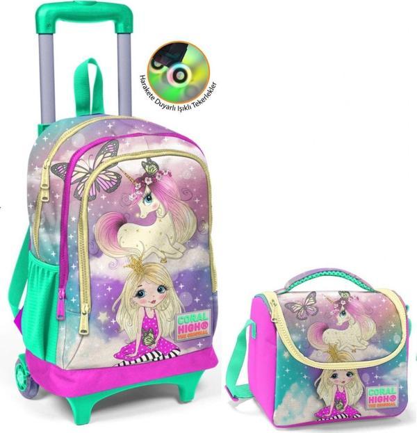 Coral High Su Yeşili Unicorn Çekçek Okul Çantası ve Beslenme Seti - Işıklı Tekerlekler - Kız Çocuk - Image 1