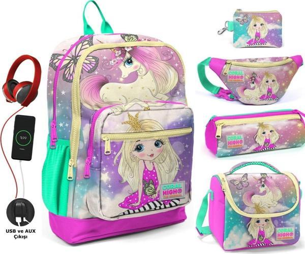 Coral High Su Yeşili Unicorn USB Soketli Beşli Okul Çantası Seti - Kız Çocuk - Image 1