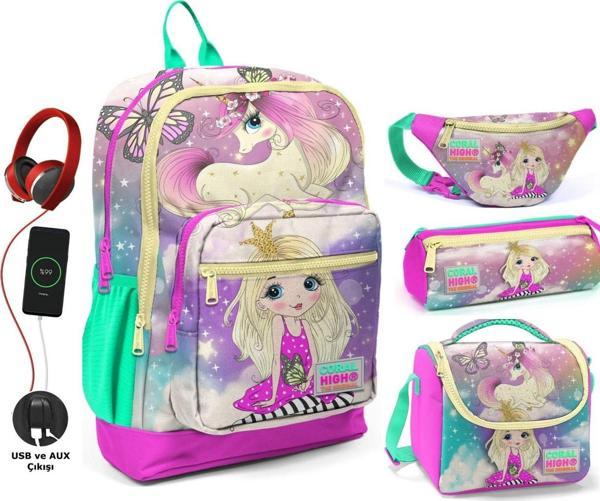 Coral High Su Yeşili Unicorn USB Soketli Okul Çanta Seti ve Bel Çantası - Kız Çocuk - Image 1