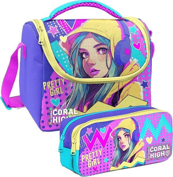 Coral High Lavanta Turkuaz Kulaklıklı Kız Desenli Kız Çocuk Isı Yalıtımlı Beslenme Çantası ve Kalemlik Seti - Image 1