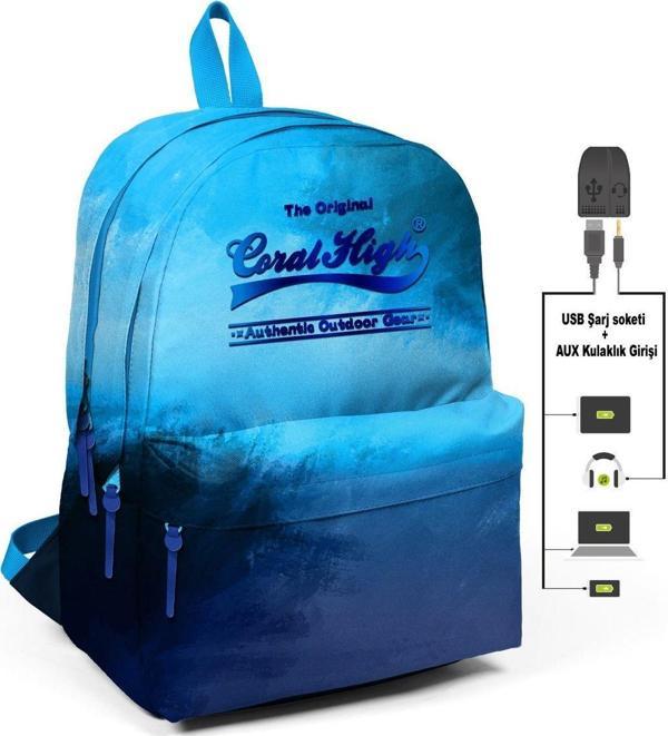 Coral High Mavi Degradeli Üç Gözlü Okul ve Günlük Sırt Çantası - USB+AUX Soketli - Image 1