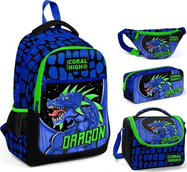 Coral High Mavi Yeşil Dragon Üçlü Okul Çantası ve Bel Çantası Seti - Erkek Çocuk - Image 1